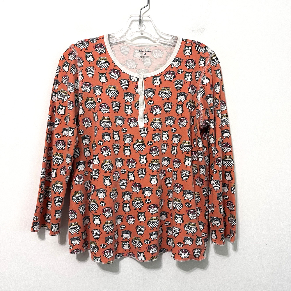 Roberta Roller‎ Rabbit Girls Pajama Top M Henley Owls Sleep Cozy Shirt Owligans